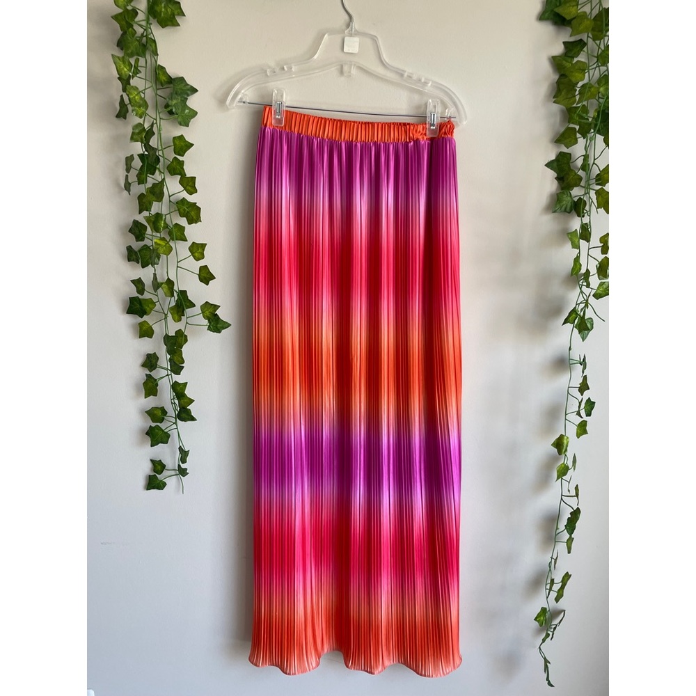 🌿 Gorgeous Vibrant Pink, Purple, Orange Pleated High-Waisted Maxi Skirt